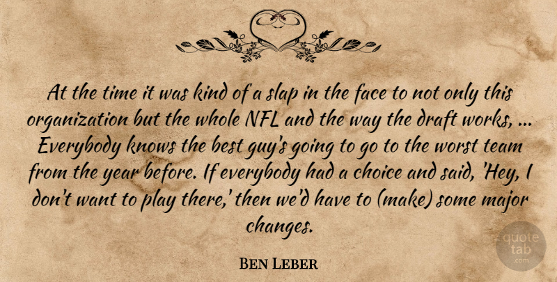 Ben Leber Quote About Best, Choice, Draft, Everybody, Face: At The Time It Was...