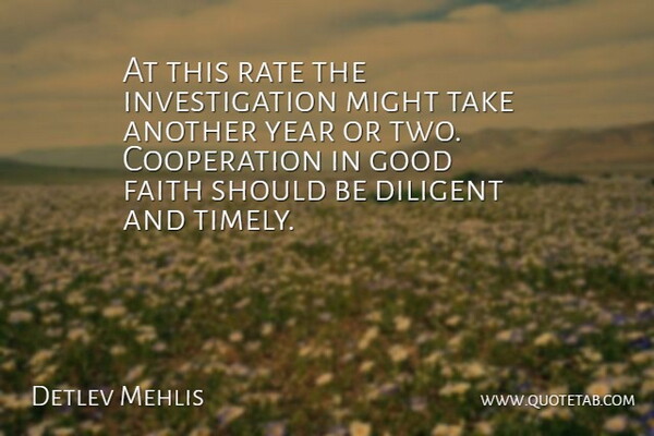 Detlev Mehlis Quote About Cooperation, Diligent, Faith, Good, Might: At This Rate The Investigation...
