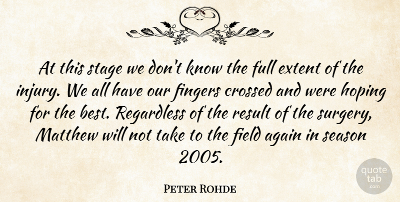 Peter Rohde Quote About Again, Crossed, Extent, Field, Fingers: At This Stage We Dont...