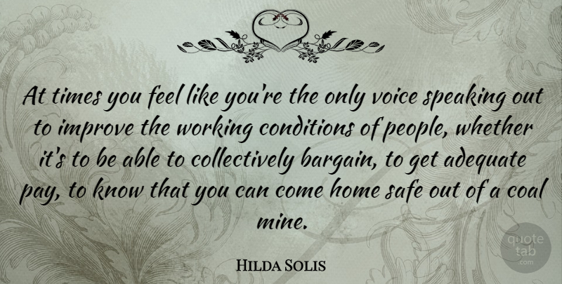 Hilda Solis Quote About Adequate, Coal, Conditions, Home, Safe: At Times You Feel Like...