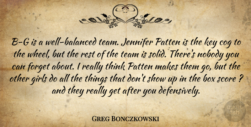 Greg Bonczkowski Quote About Box, Cog, Forget, Girls, Jennifer: B G Is A Well...
