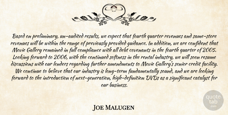 Joe Malugen Quote About Based, Believe, Catalyst, Compliance, Confident: Based On Preliminary Un Audited...