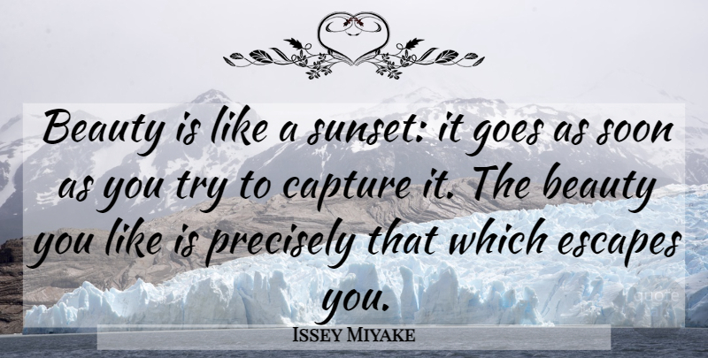 Issey Miyake Quote About Sunset, Trying, Capture: Beauty Is Like A Sunset...