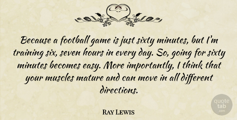 Ray Lewis Quote About Becomes, Hours, Mature, Minutes, Move: Because A Football Game Is...