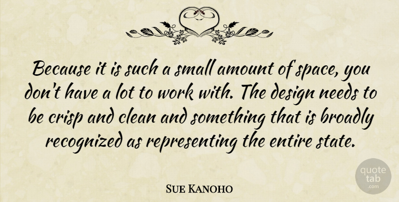Sue Kanoho Quote About Amount, Clean, Design, Entire, Needs: Because It Is Such A...