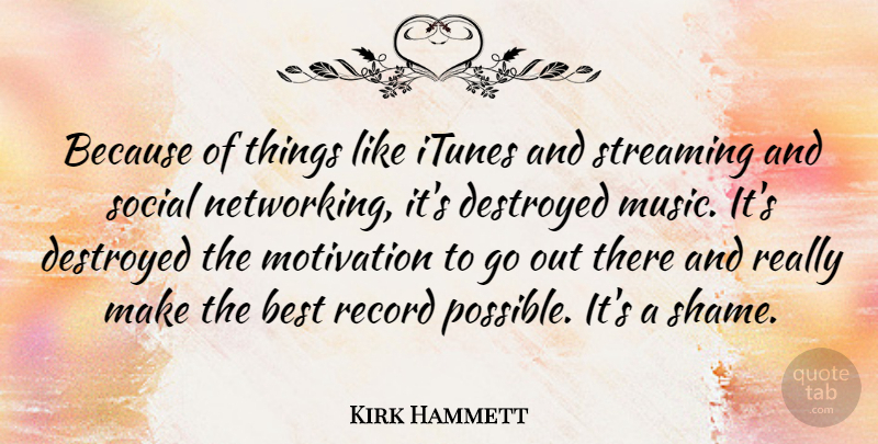 Kirk Hammett Quote About Best, Destroyed, Itunes, Music, Record: Because Of Things Like Itunes...
