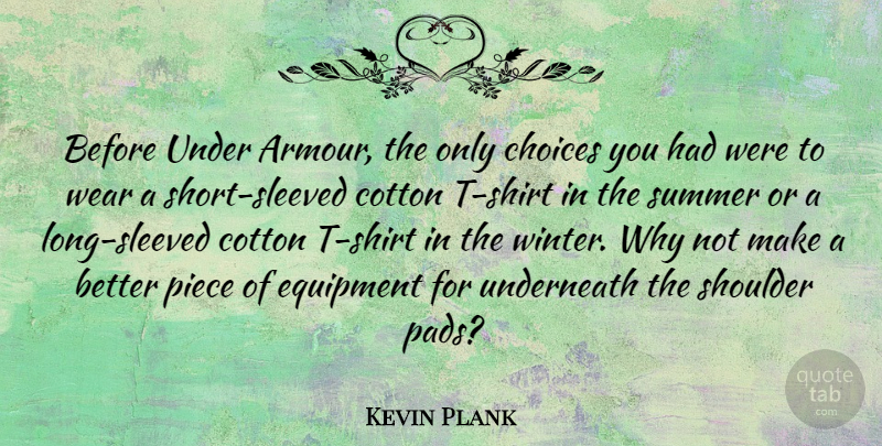 Kevin Plank Quote About Cotton, Equipment, Piece, Shoulder, Underneath: Before Under Armour The Only...
