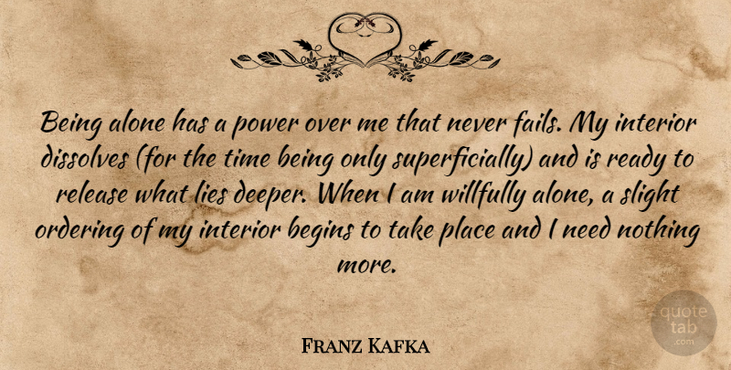 Franz Kafka Quote About Lying, Needs, Failing: Being Alone Has A Power...