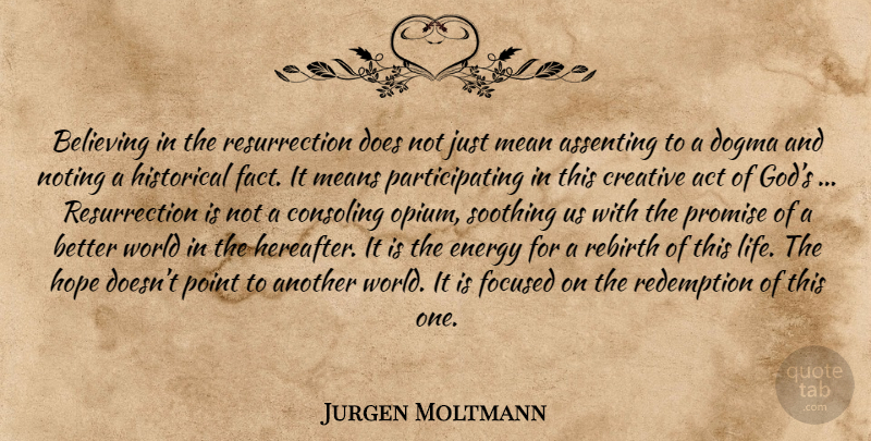 Jurgen Moltmann Quote About Believe, Mean, Creative: Believing In The Resurrection Does...