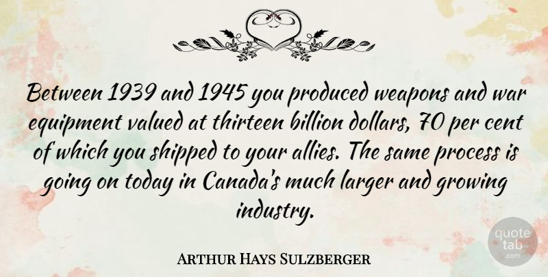 Arthur Hays Sulzberger Quote About Billion, Cent, Equipment, Growing, Larger: Between 1939 And 1945 You...