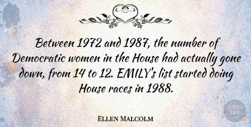 Ellen Malcolm Quote About Numbers, Race, House: Between 1972 And 1987 The...