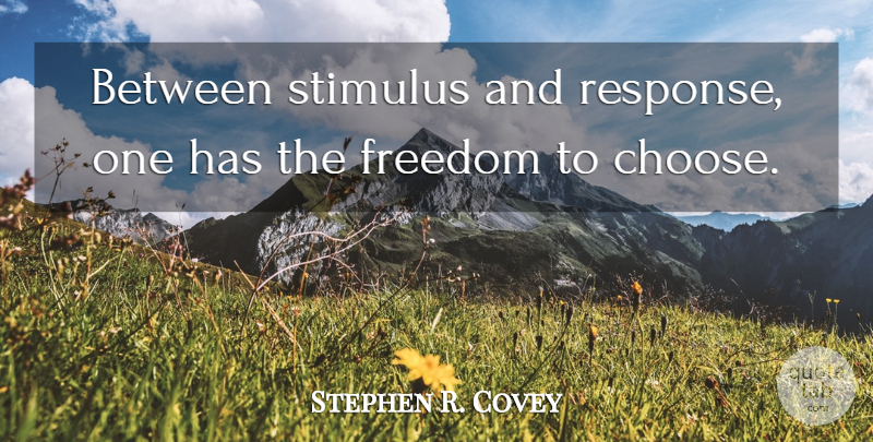 Stephen R. Covey Quote About Freedom, Motivational, Scholars And Scholarship, Stimulus: Between Stimulus And Response One...
