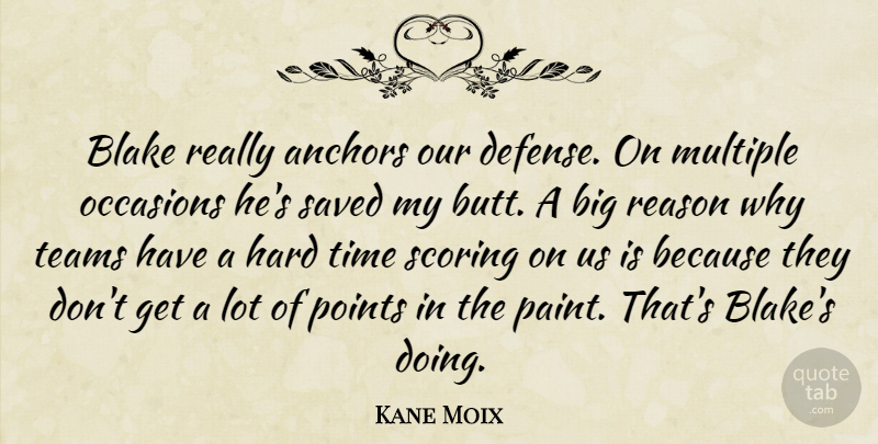 Kane Moix Quote About Anchors, Blake, Hard, Multiple, Occasions: Blake Really Anchors Our Defense...