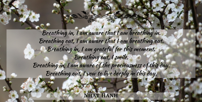Nhat Hanh Quote About Grateful, Breathing, I Smile: Breathing In I Am Aware...