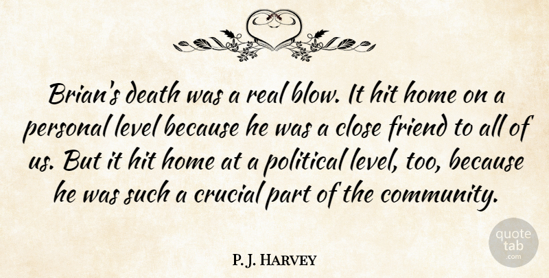 P. J. Harvey Quote About Close, Crucial, Death, Friend, Hit: Brians Death Was A Real...