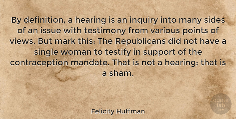 Felicity Huffman Quote About Views, Issues, Support: By Definition A Hearing Is...