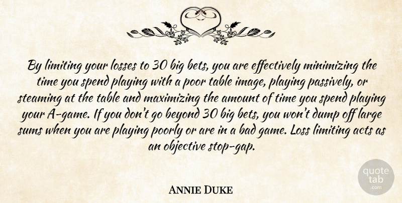 Annie Duke Quote About Acts, Amount, Bad, Beyond, Dump: By Limiting Your Losses To...