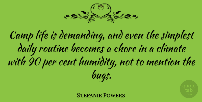 Stefanie Powers Quote About Climate, Routine, Bugs: Camp Life Is Demanding And...