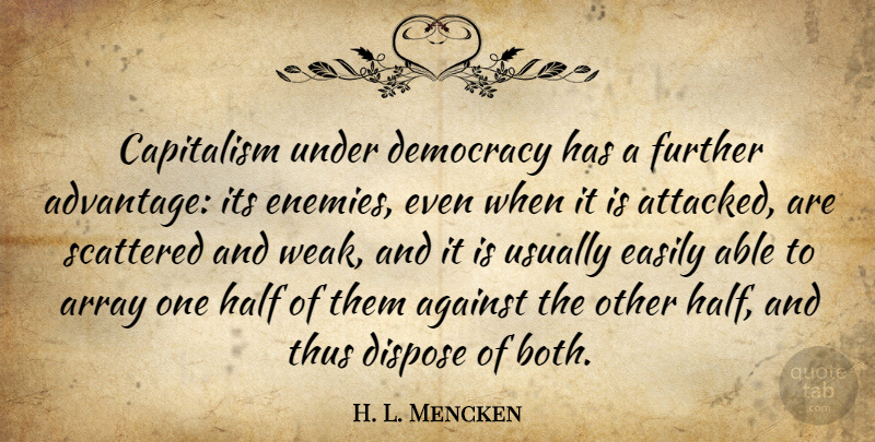 H. L. Mencken Quote About Democracies Have, Enemy, Democracy: Capitalism Under Democracy Has A...