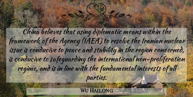 Wu Hailong Quote About Agency, Believes, China, Conducive, Diplomatic: China Believes That Using Diplomatic...