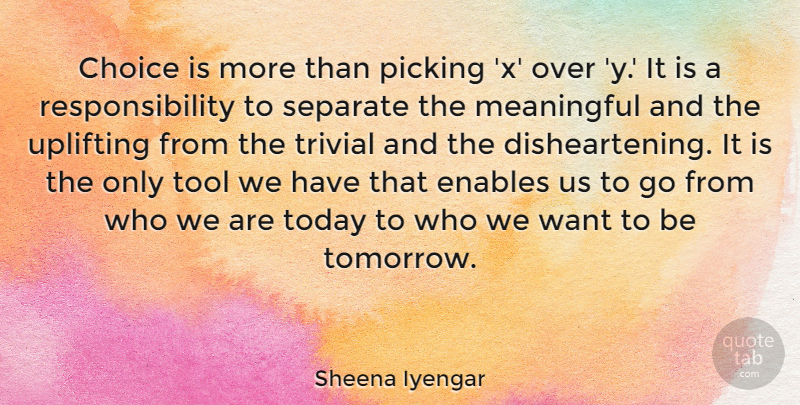 Sheena Iyengar Quote About Uplifting, Meaningful, Responsibility: Choice Is More Than Picking...
