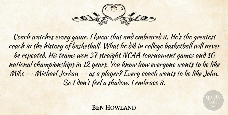 Ben Howland Quote About Basketball, Coach, College, Embraced, Games: Coach Watches Every Game I...