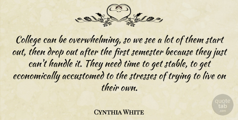 Cynthia White Quote About Accustomed, College, Drop, Handle, Semester: College Can Be Overwhelming So...
