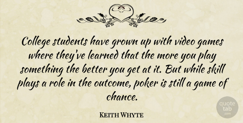 Keith Whyte Quote About College, Games, Grown, Learned, Plays: College Students Have Grown Up...