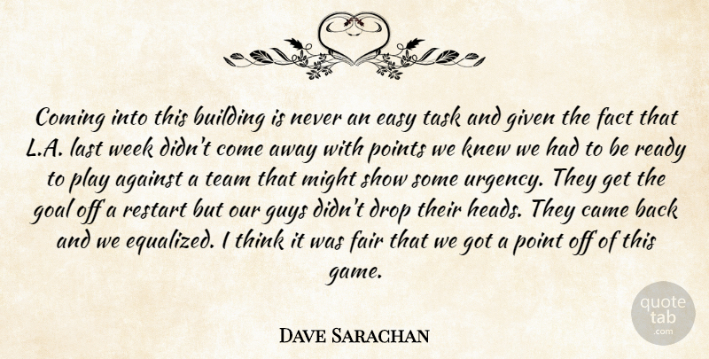 Dave Sarachan Quote About Against, Building, Came, Coming, Drop: Coming Into This Building Is...