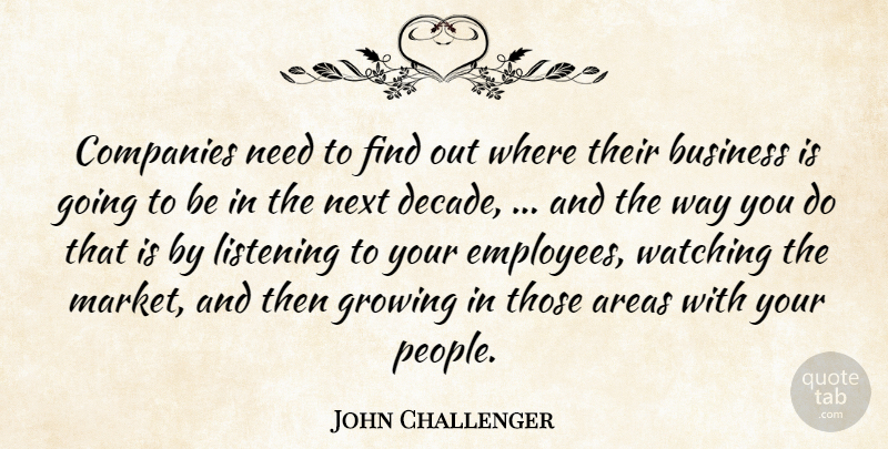 John Challenger Quote About Areas, Business, Companies, Growing, Listening: Companies Need To Find Out...