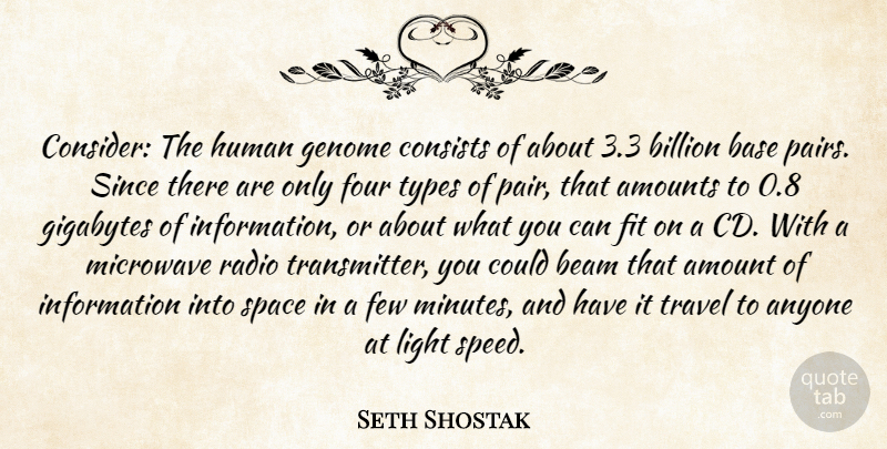 Seth Shostak Quote About Amount, Anyone, Base, Beam, Billion: Consider The Human Genome Consists...