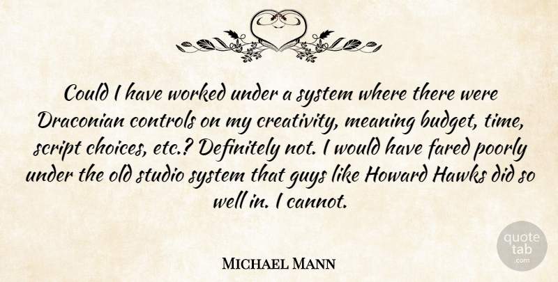 Michael Mann Quote About Controls, Definitely, Guys, Hawks, Meaning: Could I Have Worked Under...