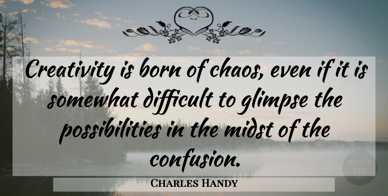 Charles Handy Quote About Creativity, Confusion, Glimpse: Creativity Is Born Of Chaos...