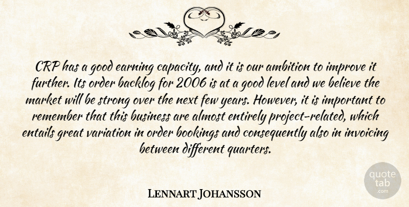 Lennart Johansson Quote About Almost, Ambition, Believe, Business, Earning: Crp Has A Good Earning...
