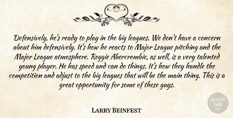 Larry Beinfest Quote About Adjust, Competition, Concern, Great, Handle: Defensively Hes Ready To Play...