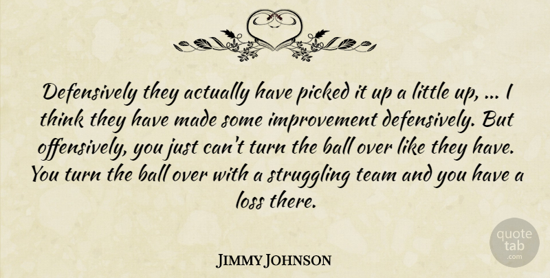 Jimmy Johnson Quote About Ball, Improvement, Loss, Picked, Struggling: Defensively They Actually Have Picked...