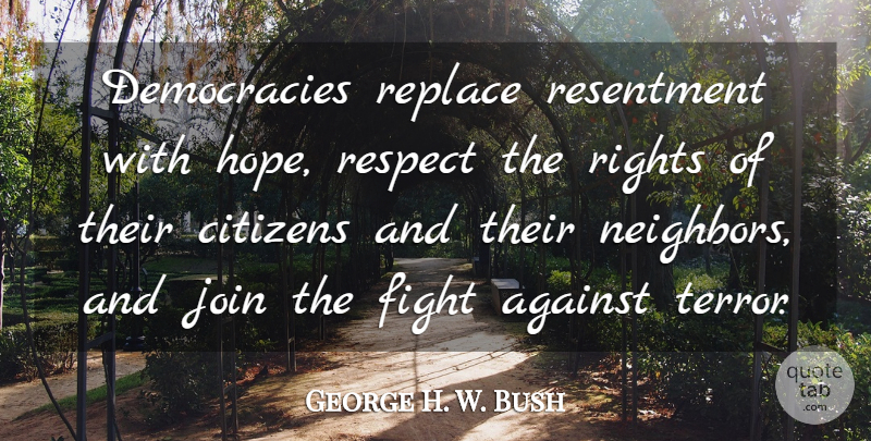George H. W. Bush Quote About Against, Citizens, Fight, Hope, Join: Democracies Replace Resentment With Hope...
