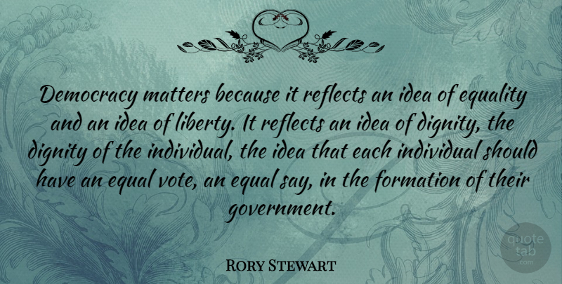 Rory Stewart Quote About Democracy, Dignity, Equality, Government, Individual: Democracy Matters Because It Reflects...