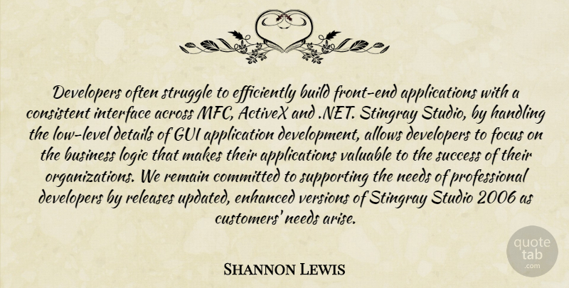 Shannon Lewis Quote About Across, Build, Business, Committed, Consistent: Developers Often Struggle To Efficiently...