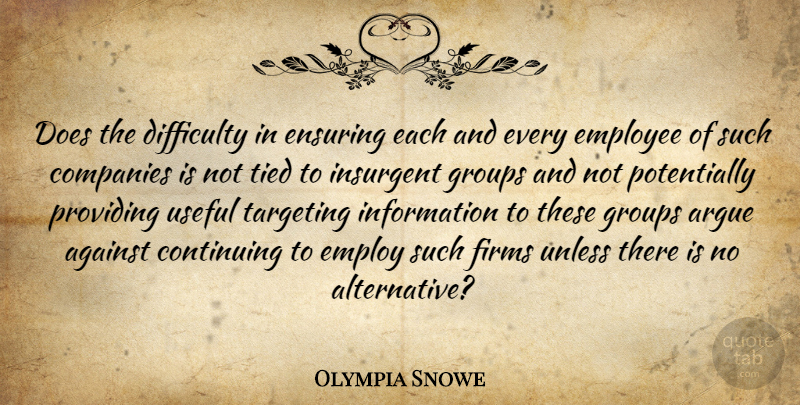 Olympia Snowe Quote About Against, Argue, Companies, Continuing, Difficulty: Does The Difficulty In Ensuring...