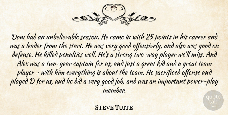 Steve Tuite Quote About Alex, Came, Captain, Career, Good: Dom Had An Unbelievable Season...