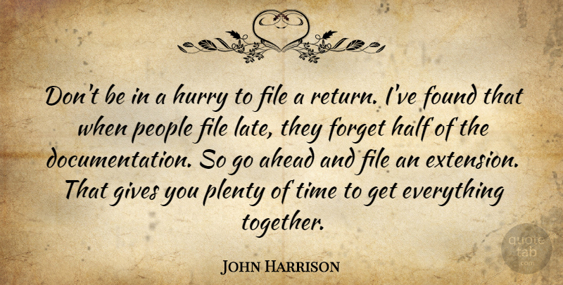 John Harrison Quote About Ahead, File, Forget, Found, Gives: Dont Be In A Hurry...