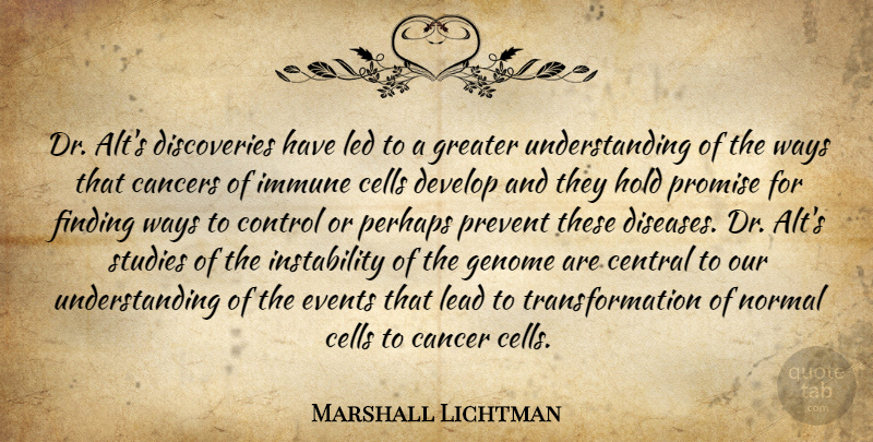 Marshall Lichtman Quote About Cancers, Cells, Central, Control, Develop: Dr Alts Discoveries Have Led...