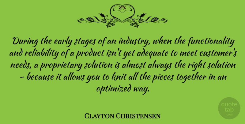 Clayton Christensen Quote About Adequate, Almost, Early, Knit, Meet: During The Early Stages Of...
