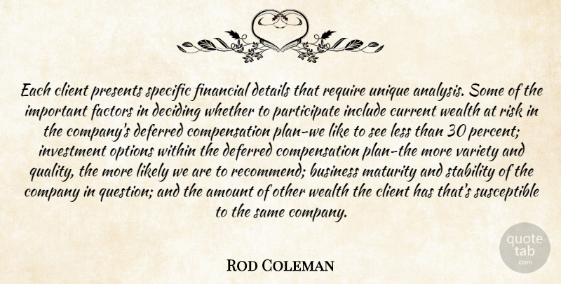 Rod Coleman Quote About Amount, Business, Client, Company, Current: Each Client Presents Specific Financial...