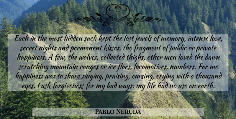Pablo Neruda Quote About Memories, Eye, Kissing: Each In The Most Hidden...