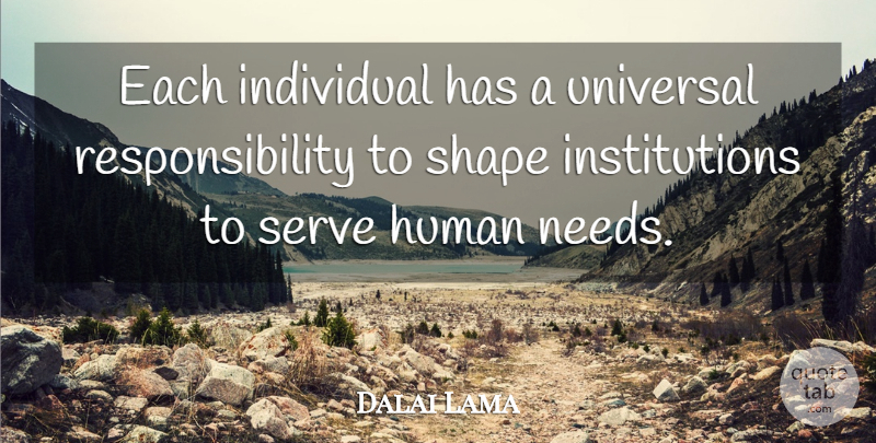 Dalai Lama Quote About Hero, Responsibility, Needs: Each Individual Has A Universal...