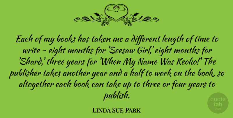 Linda Sue Park Quote About Girl, Book, Taken: Each Of My Books Has...