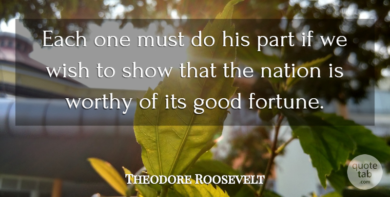 Theodore Roosevelt Quote About Wish, Fortune, Worthy: Each One Must Do His...