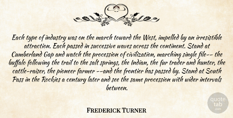 Frederick Turner Quote About Across, Buffalo, Century, Farmer, Following: Each Type Of Industry Was...